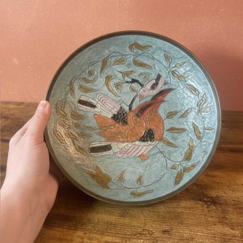Brass Cloisonné Centerpiece Plate Dish Bowl Birds Vines Turquoise Vintage India